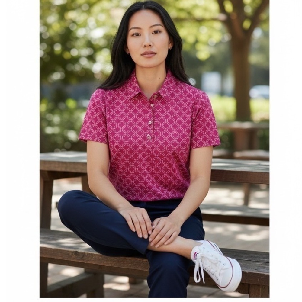 Jude Connally Pink Geometric Chain Link Polo Shirt Womens‎ Small Style 301332
